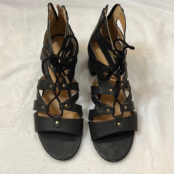 Lane Bryant black chunky heel strap lace up sandals - Picture 2 of 6